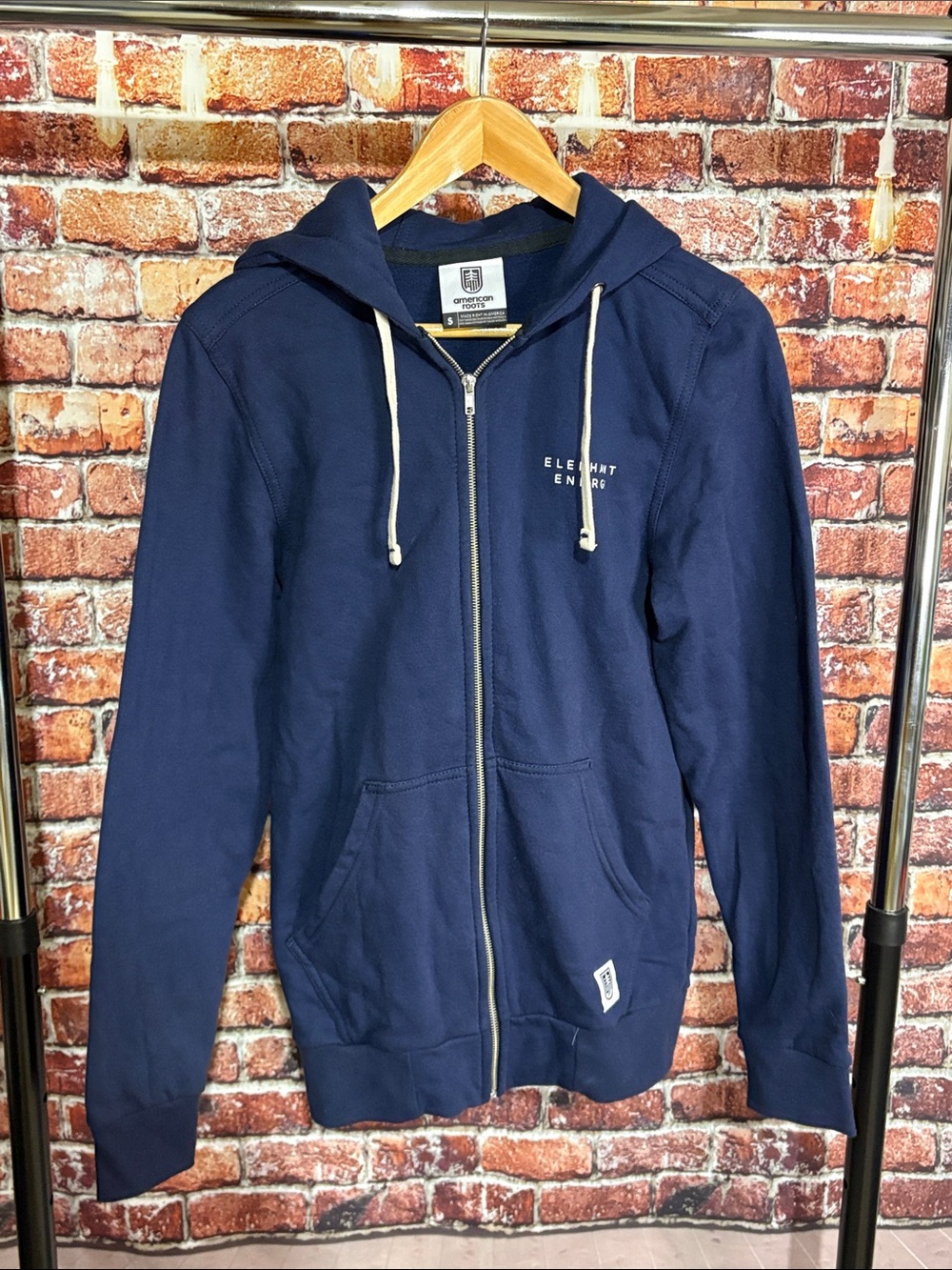 American Roots USA made Elephant Energy Navy Blue Zip-Up Hoodie Mens small